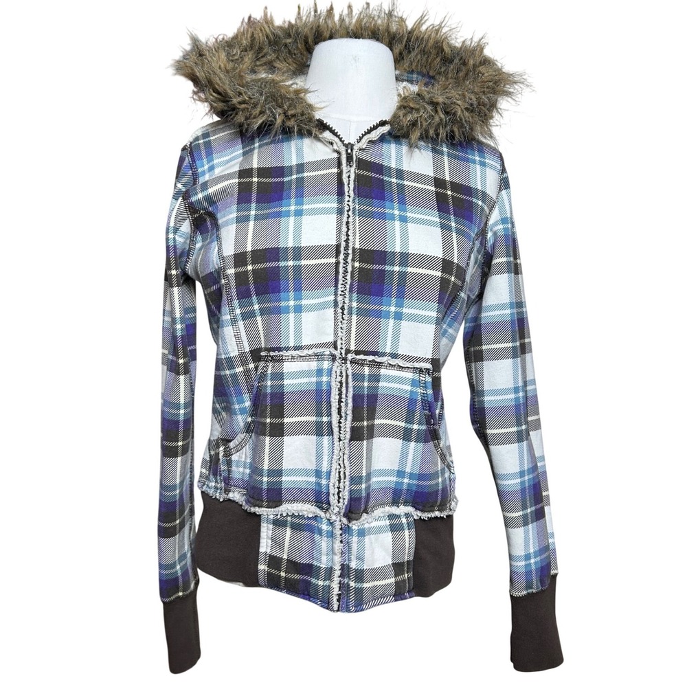 Y2K 2000s Plaid Sherpa Lined Hoodie Faux Fur Trim Blue Purple Zip Up Jacket M